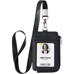 Genuine Leather id Badge Holder with Zipper Pocket,Vertical Lanyard Wallet,id